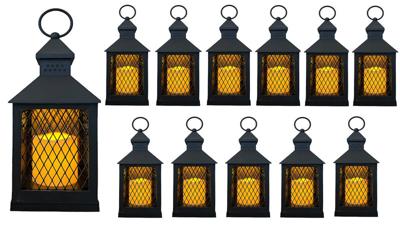 12 PC Decorative Farmhouse Lanterns with Flameless LED Lighted Candle - Black