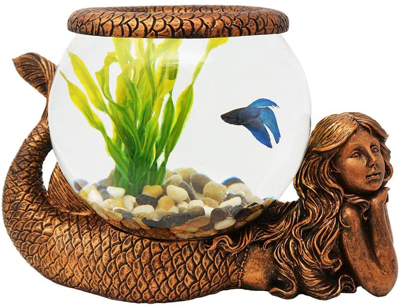 Exclusive Design New Mystical Mermaid Decorative Gold Antiqued Glass Fish Bowl Tabletop Aquarium or Terrarium or Candle Holder , New 1 Gallon Size