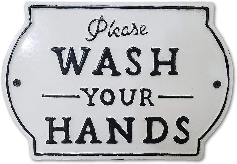 THE NIFTY NOOK Please Wash Your Hands Vintage Metal Farmhouse Sign for Bathroom & Kitchen Décor 8.5" x 6" - Small White