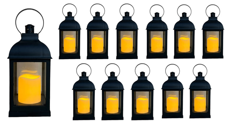 12 PC Decorative Lanterns with Flameless LED Lighted Candle - Black