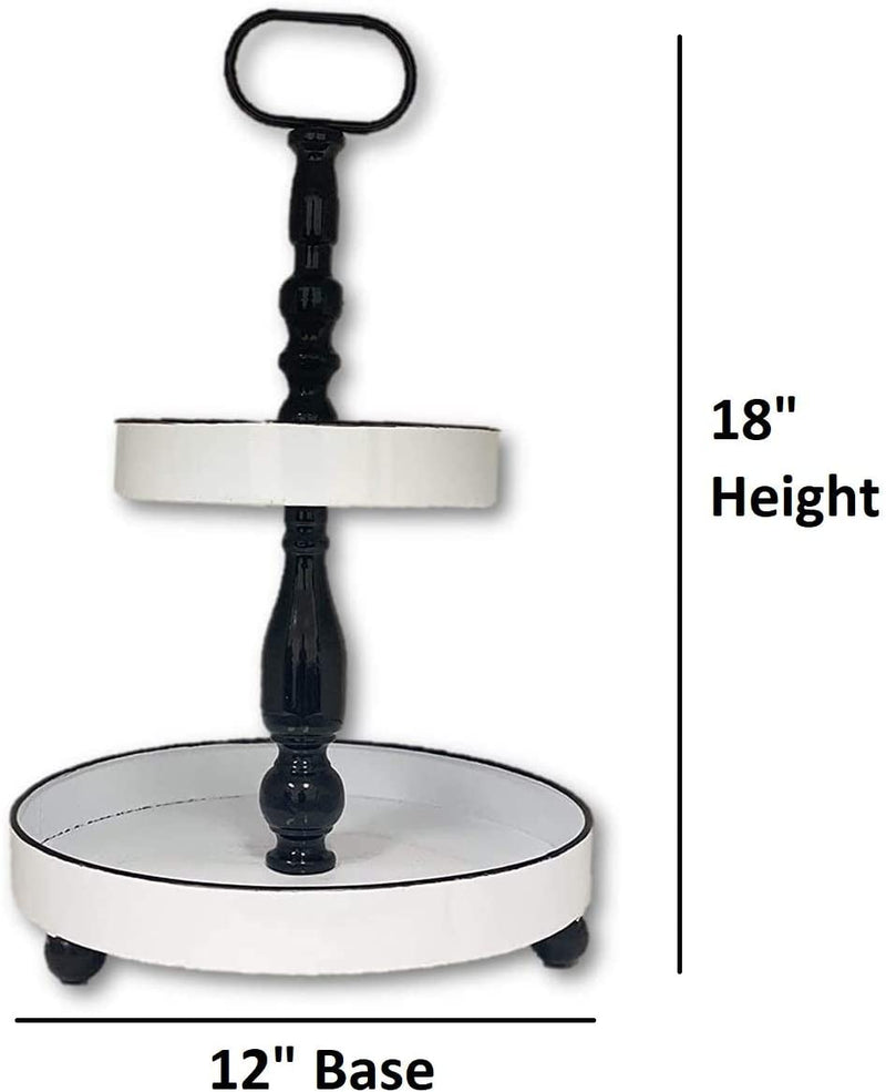 THE NIFTY NOOK 2 Tier Metal Serving Tray Vintage Farmhouse Dessert Display With Carry Handle (Black & White)