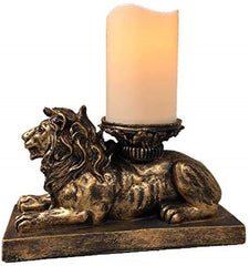 Lion Figurine Candle Holder Antique Gold Flameless LED Pillar Candle & Timer Home Decor Centerpiece Accent Great Housewarming Gift