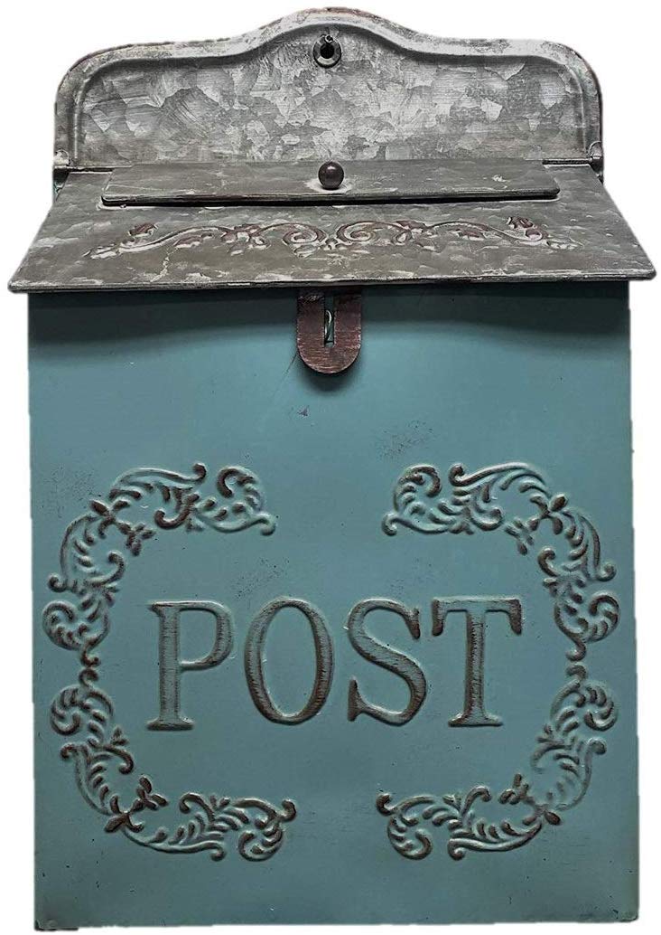 The Nifty Nook Vintage Style Post Box Nostalgic Charm Home Decor Farmhouse Design 15.9" Height x 11" Wide (Blue Rectangular)