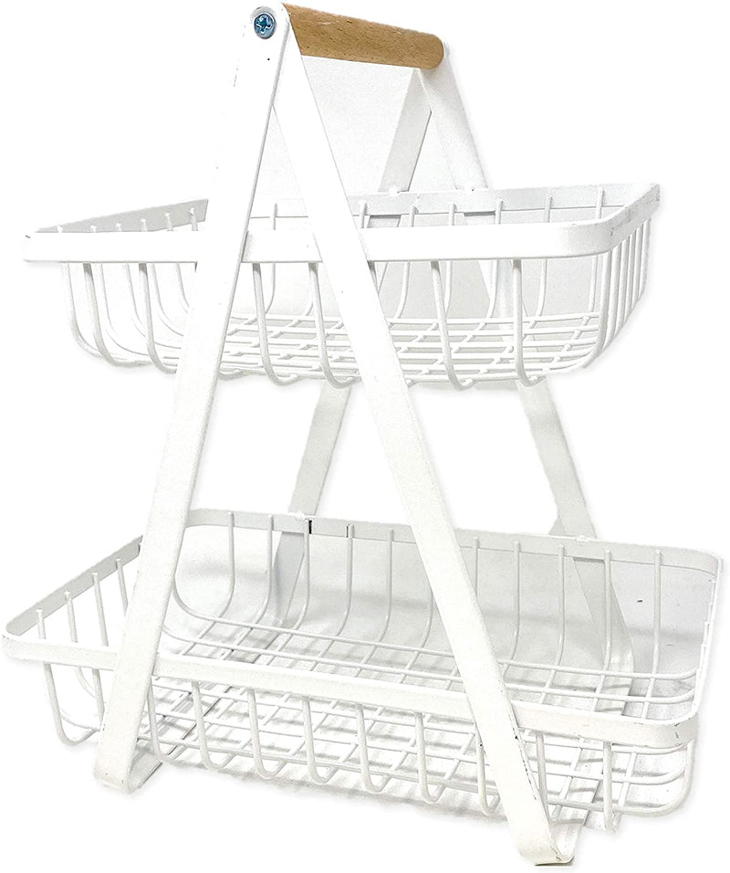 Farmhouse 2-Tier Metal Fruit Storage Basket Organizer Display Stand For Home Decoration (White)