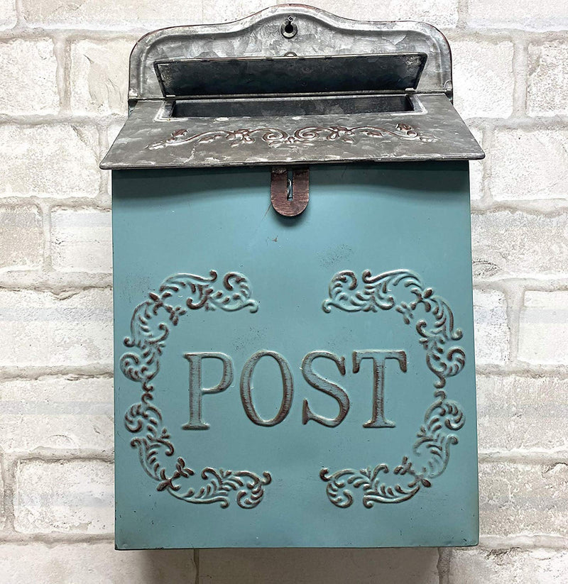 The Nifty Nook Vintage Style Post Box Nostalgic Charm Home Decor Farmhouse Design 15.9" Height x 11" Wide (Blue Rectangular)