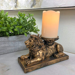 Lion Figurine Candle Holder Antique Gold Flameless LED Pillar Candle & Timer Home Decor Centerpiece Accent Great Housewarming Gift