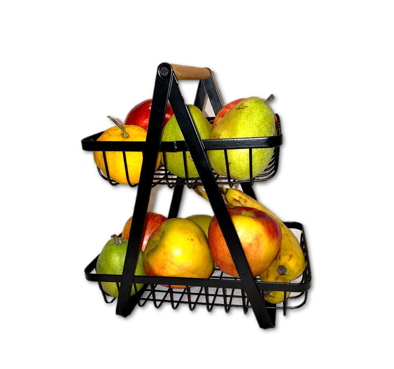 Farmhouse 2-Tier Metal Fruit Storage Basket Organizer Display Stand For Home Decoration (Black)