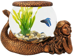 THE NIFTY NOOK New Mystical Mermaid Decorative Gold Antiqued Glass Fish Bowl Tabletop Aquarium or Terrarium or Candle Holder, New 1 Gallon Size Fish Bowl with River Rocks
