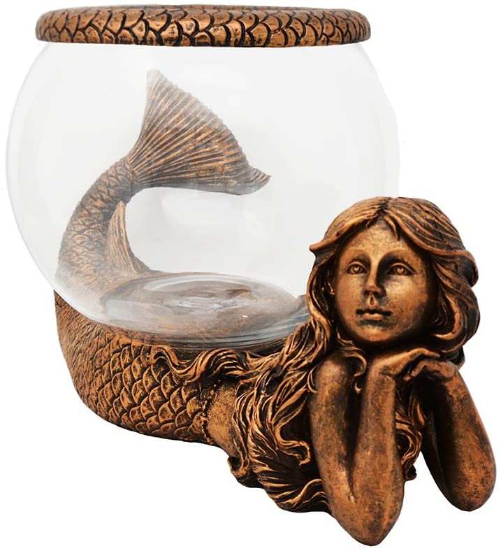 THE NIFTY NOOK New Mystical Mermaid Decorative Gold Antiqued Glass Fish Bowl Tabletop Aquarium or Terrarium or Candle Holder, New 1 Gallon Size Fish Bowl with River Rocks