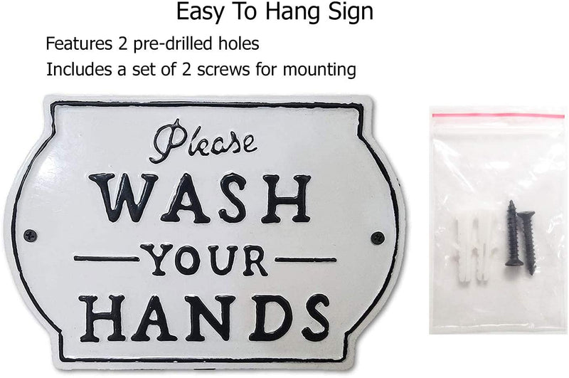 THE NIFTY NOOK Please Wash Your Hands Vintage Metal Farmhouse Sign for Bathroom & Kitchen Décor 8.5" x 6" - Small White