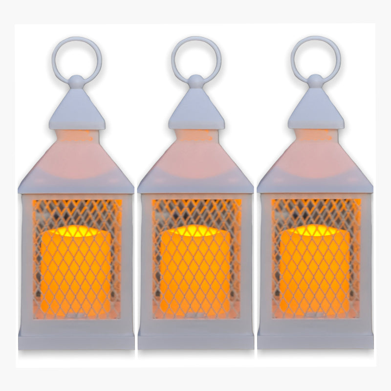 3 PC Decorative Farmhouse Lanterns with Flameless LED Lighted Candle - White